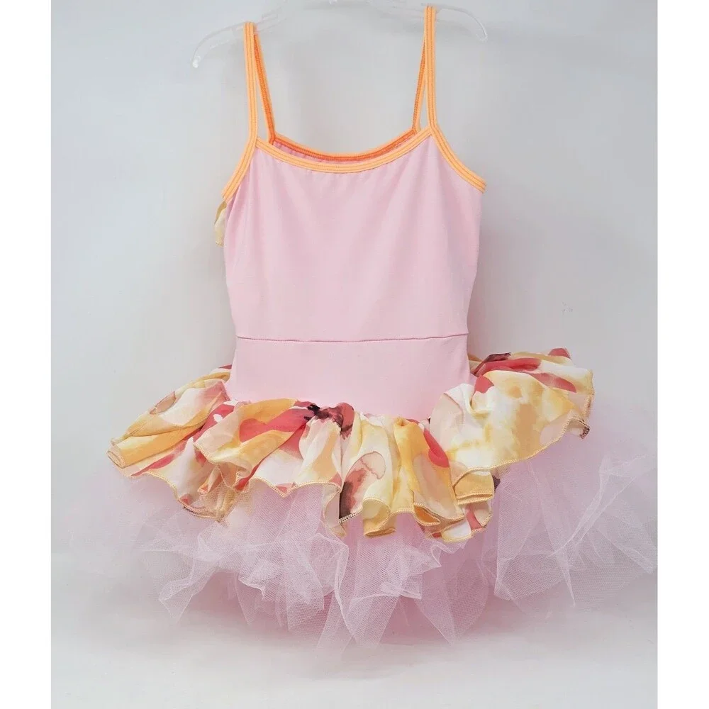Duck Crossing Girls Ballet Tutu Skirted Leotard Dress 1pc Pink Orange Ruffle